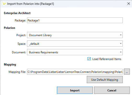 Import of documents package configuration dialog