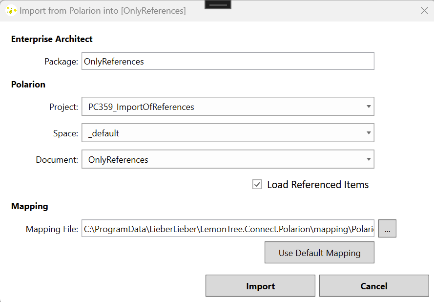 Import of referenced work items using mapping UI